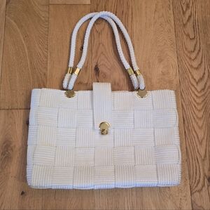 Vintage Italian Woven White Tote Bag Shoulder Purse Nylon Beach School Book Rope